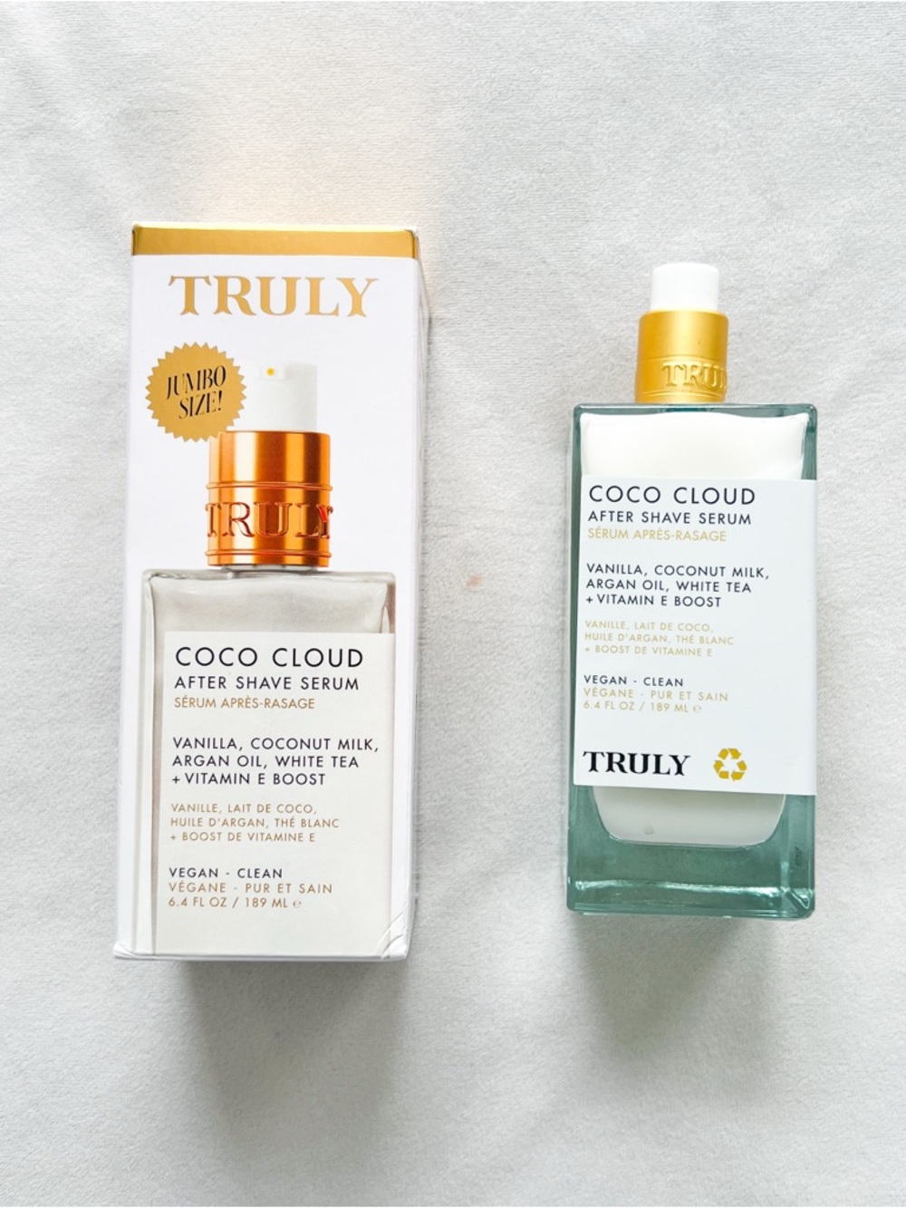 TRULY Coco Cloud After Shave Serum Jumbo Size — White Bottle with Gold Accents